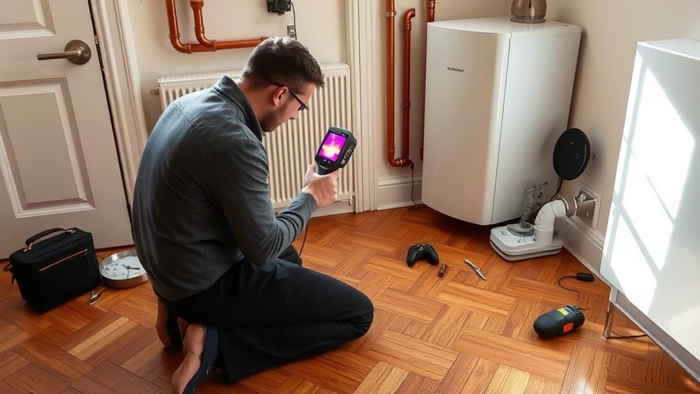 Engineer locating central heating leak using thermal imaging in Kilburn